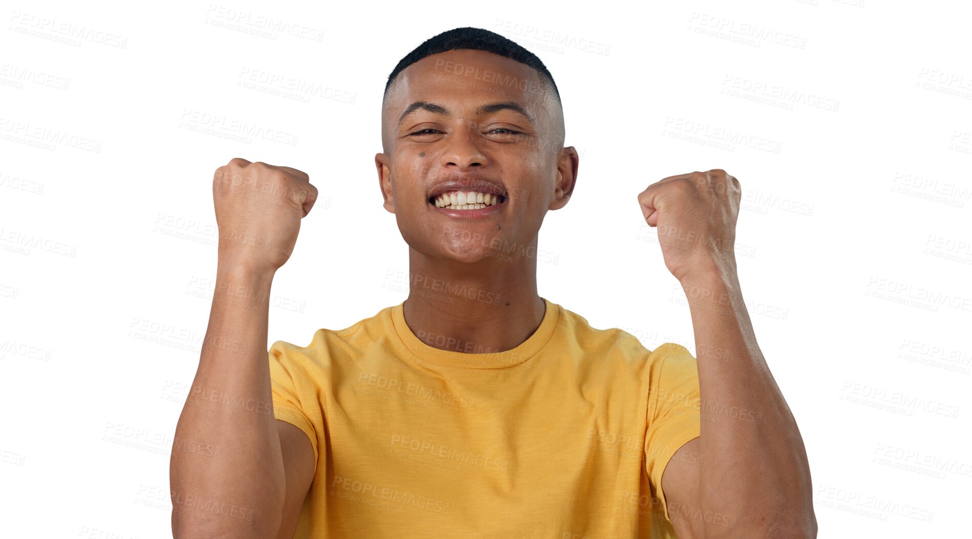 Buy stock photo Man, portrait and excited for success with fist on an isolated png and transparent background. Male person, winning and celebrating with gesture for a giveaway, prize or winner bonus for achievement