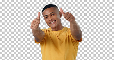 Buy stock photo Portrait, thumbs up and happy man with winner sign on isolated, transparent or png background. Success, hands or face of model with yes emoji for feedback, review or motivation, thank you or support