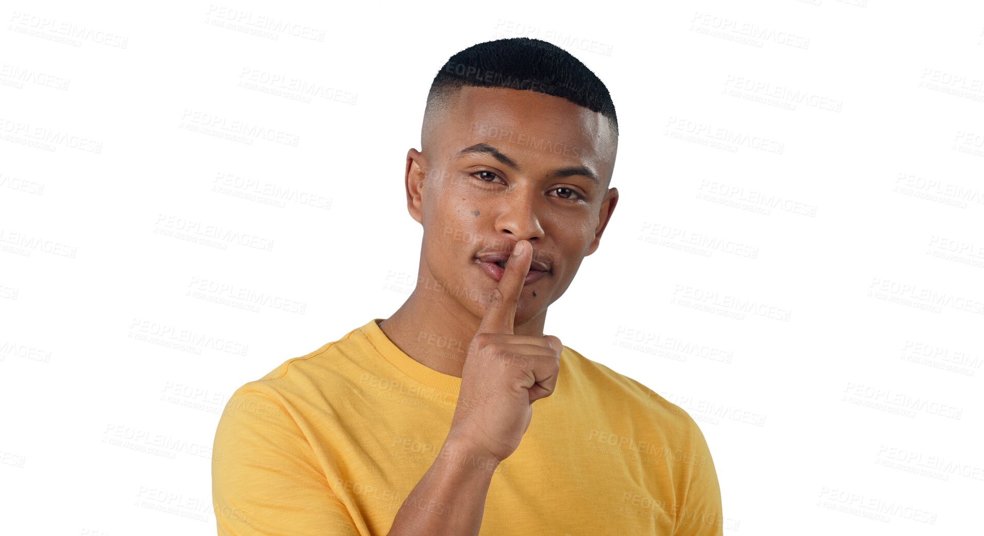 Buy stock photo Secret, portrait and man with finger on the lips for mute sign on isolated, transparent or png background. Whisper, hands and model face with emoji privacy, confidential or word of mouth not allowed