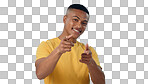 Happy man, portrait and pointing to you for choice, selection or hiring against a blue studio background. Male person or model and finger for decision, choose or opportunity in recruiting on mockup