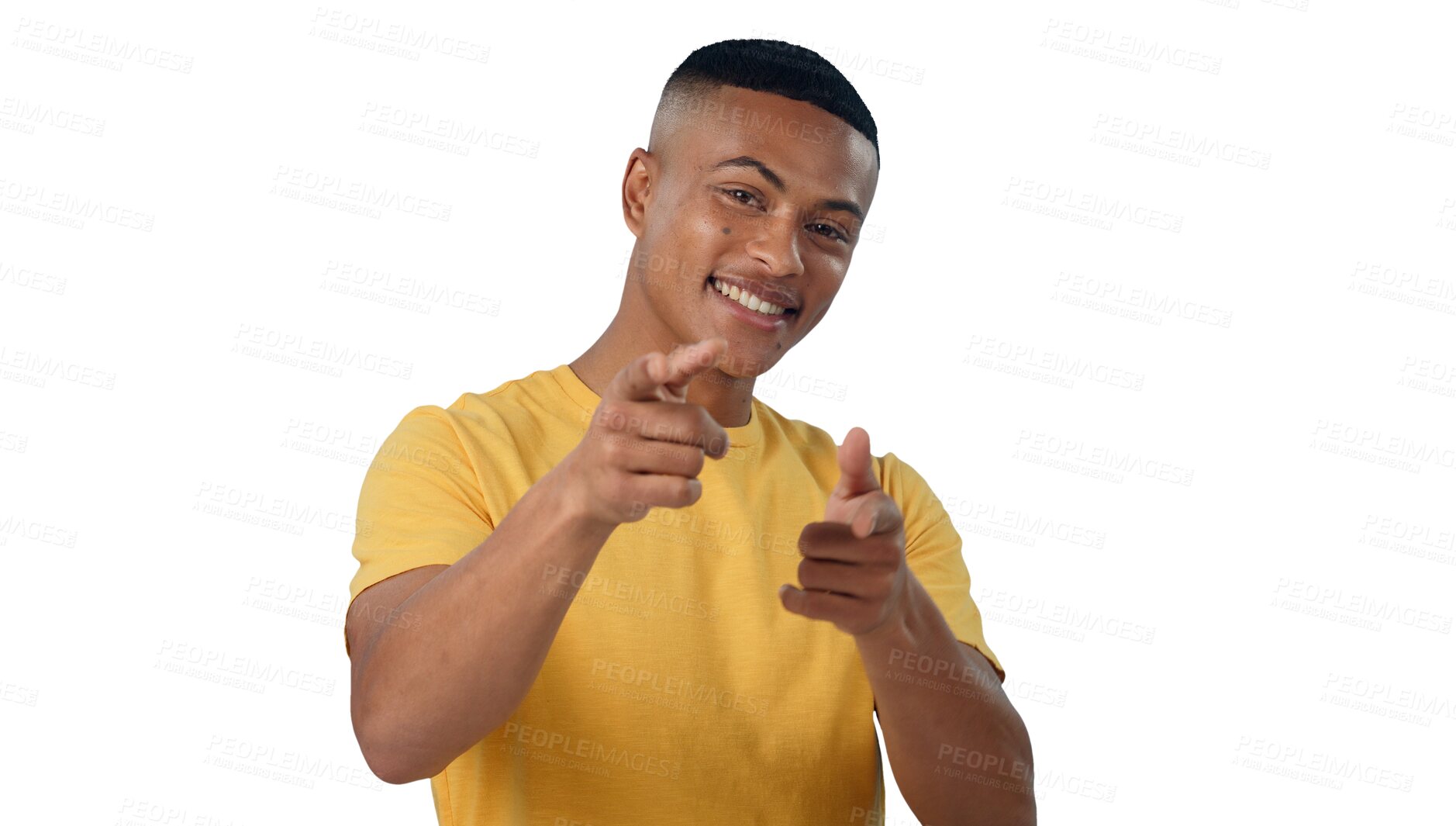 Buy stock photo Man, portrait and pointing with smile for fashion with t-shirt for clothes, png and isolated. Male person, excited and promotion with hands for choice with happiness in transparent background