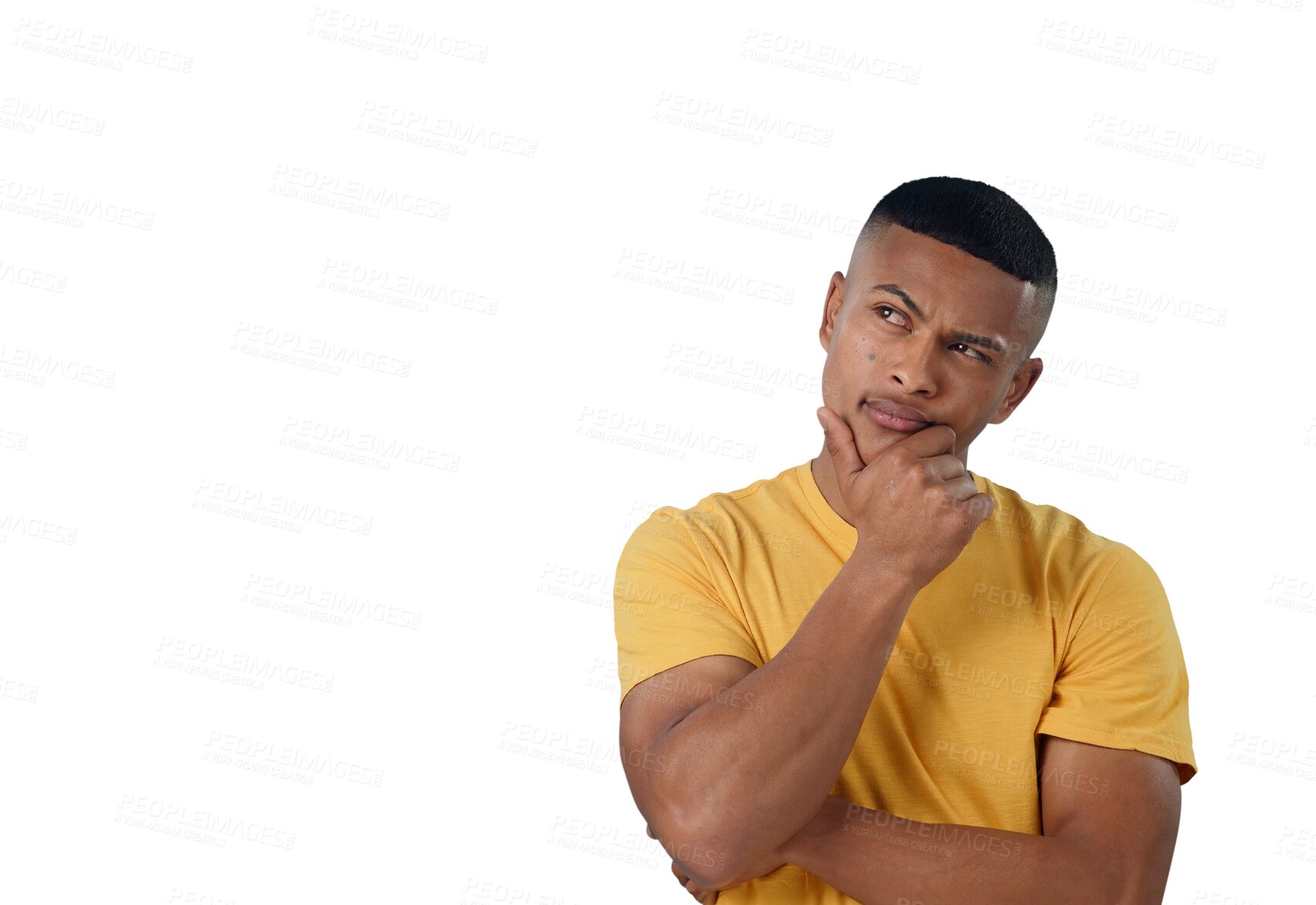 Buy stock photo Man, confused and thinking of decision, idea or remember memory for question isolated on transparent png background. Choice, doubt and curious person with solution, problem solving or planning future
