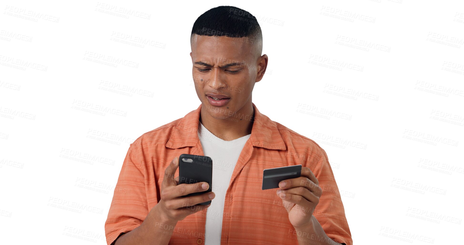 Buy stock photo Online banking, credit card and confused man with phone, isolated on transparent png background. Payment, fintech and frustrated person with smartphone, checking for fraud or internet scam on account