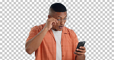 Buy stock photo Surprise, glasses and man with smartphone, news and scam online in transparent or png background. Person, reading and notification in email of internet phishing, fraud and phone with announcement