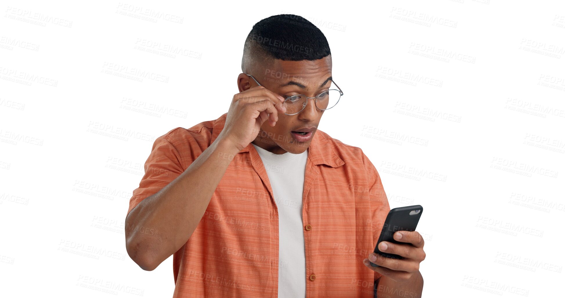 Buy stock photo Surprise, glasses and man with smartphone, news and scam online in transparent or png background. Person, reading and notification in email of internet phishing, fraud and phone with announcement