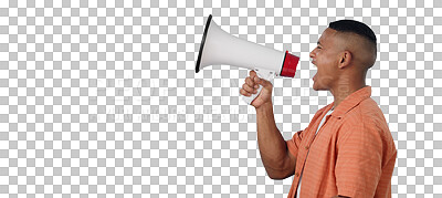 Buy stock photo Man, megaphone and protest with angry speech, voice and rally for justice on transparent or png background. College student, profile or speaker with call to action, announcement and attention on news