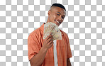 Happy man, winner and money fan with success, bonus or winning in competition, college loan or cashback in studio. Portrait of student with cash, savings and scholarship funding on a blue background