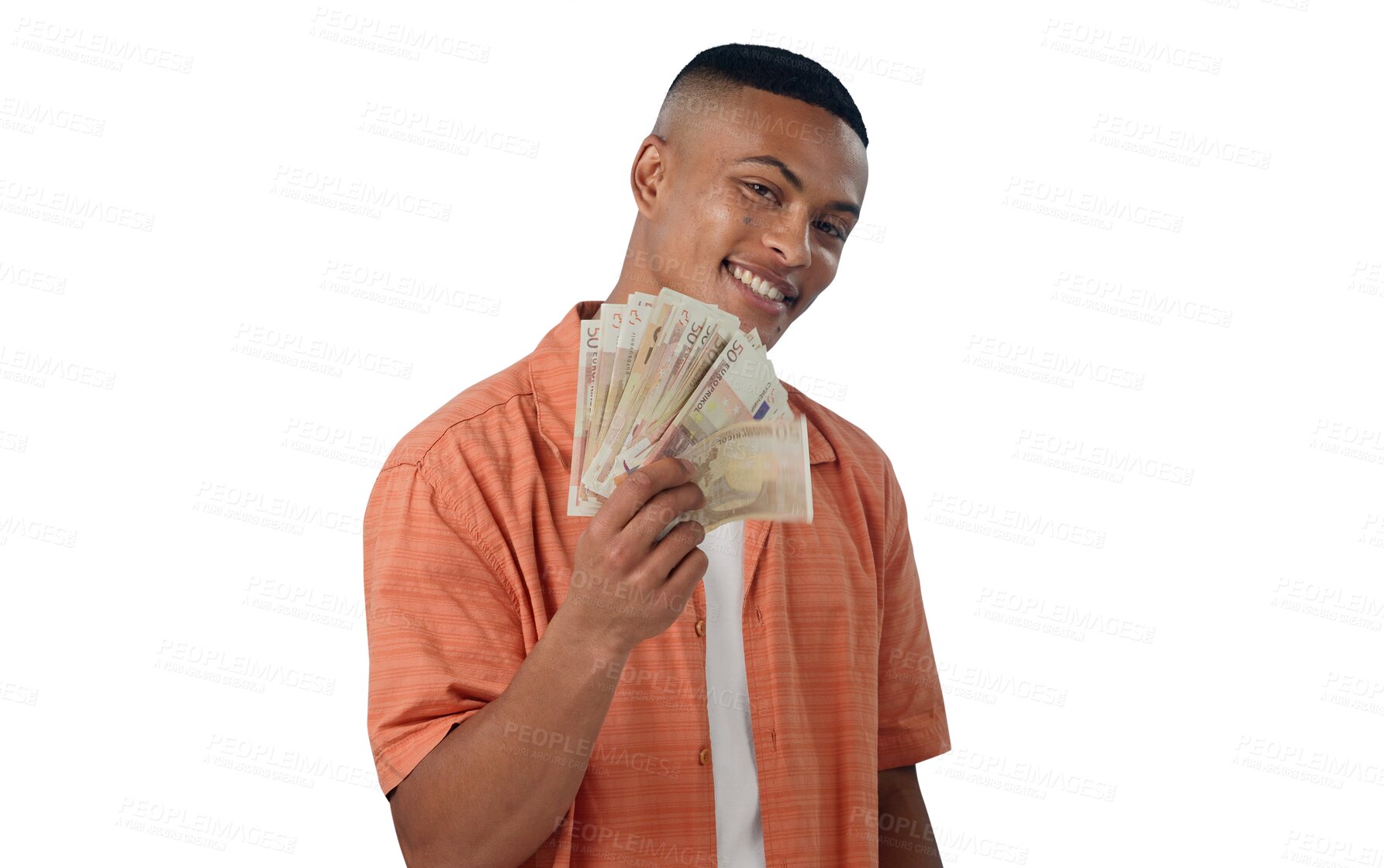 Buy stock photo Man, portrait and smile with money fan or savings with winning competition, bonus and cashback for funding. Person, face and happy with cash for success or loan isolated on png transparent background