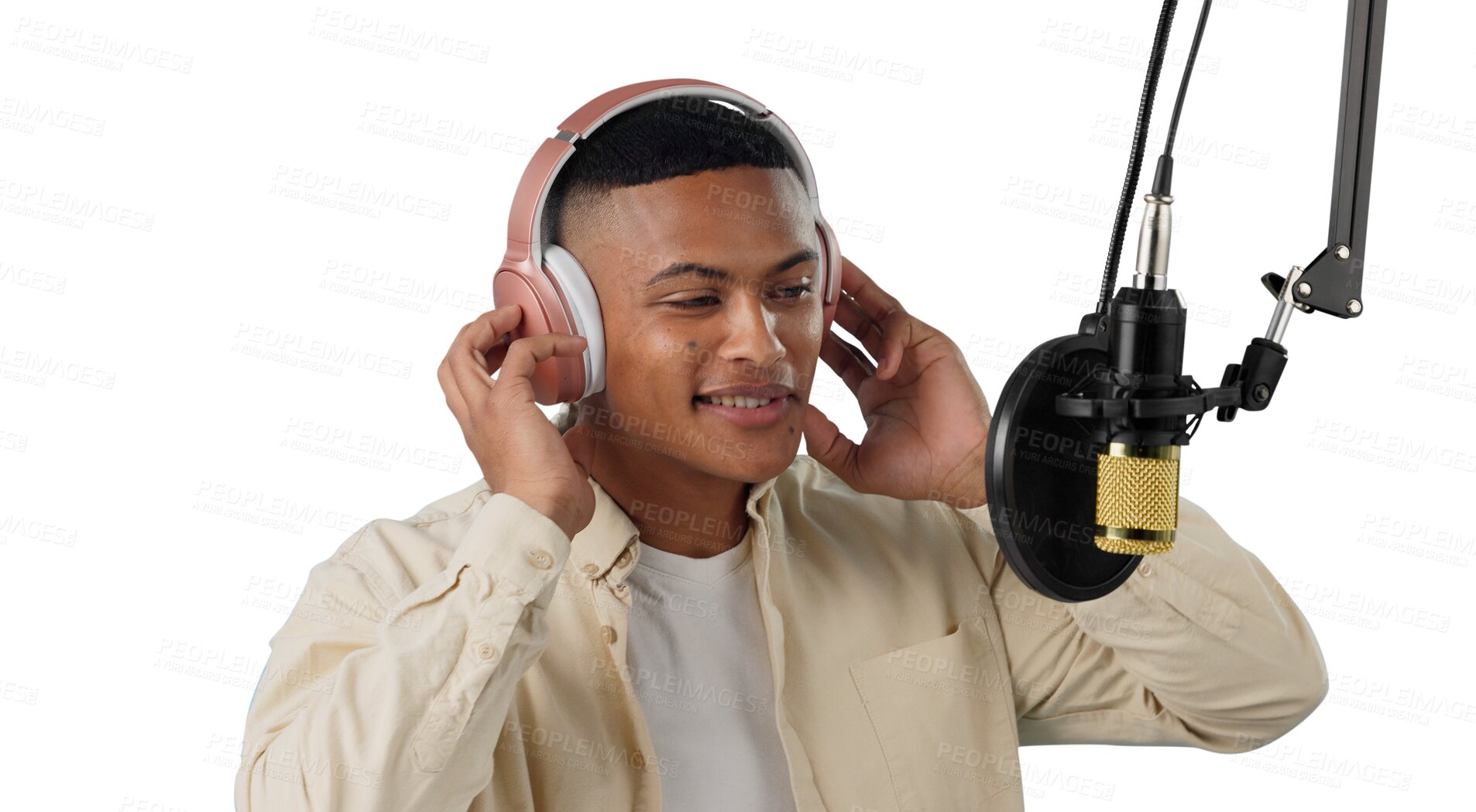 Buy stock photo Artist, headphones and mic in studio with podcast, audio and creativity for song. Musician, microphone and recording for production, performance and singing isolated on a transparent, png background