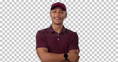 Buy stock photo Delivery man, portrait and arms crossed with confidence or happy for supply chain, distribution and shipping. Professional, face and retail worker for courier isolated on a png transparent background