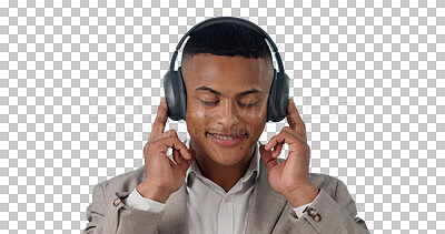 Buy stock photo Music, business man and relaxing with headphones, radio and audio or isolated on transparent png background. Professional, smile and sound for peace, male person and streaming a playlist or song