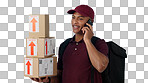 Delivery man, boxes and phone call for courier communication, e commerce information and update on package. Worker or logistics supplier mobile chat for customer service on a blue, studio background