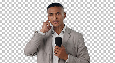 Buy stock photo Man, reporter and portrait with microphone for news, information and broadcast. Male person, speaker and live stream announcement for show, presenter and isolated on a transparent png background