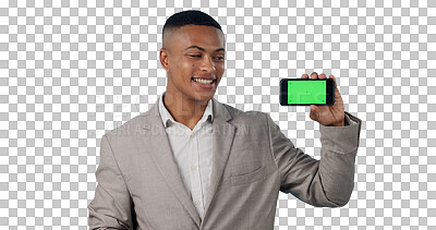Buy stock photo Businessman, cellphone or green screen for marketing of technology or presentation for online advertising. Consultant, promotion or mobile app for connection or isolated on transparent png background