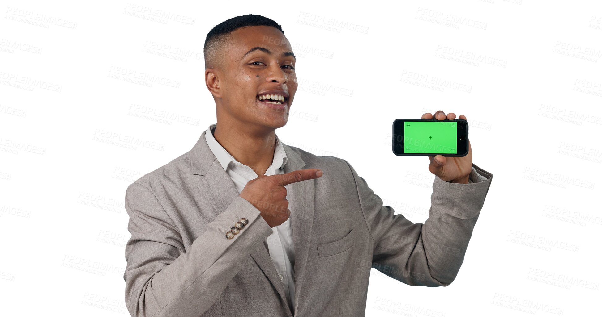Buy stock photo Business man, point at phone and mockup for advertising tech and app on png transparent background. Smile for website ads, internet and corporate marketing with green screen, UX and digital info
