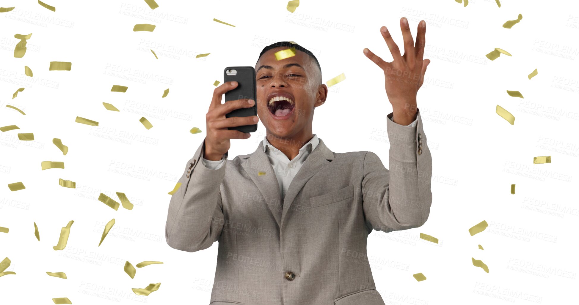 Buy stock photo Confetti, celebration and business man with phone news on isolated, transparent or png background. Glitter, success and male winner with wow smartphone alert for competition, prize or app giveaway