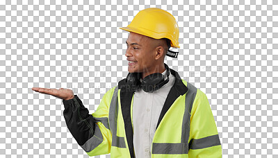 Buy stock photo Construction worker, smile and palm of man for advertising, promotion and isolated on transparent png background. Happy, hand and builder show safety announcement, presentation and choice of engineer