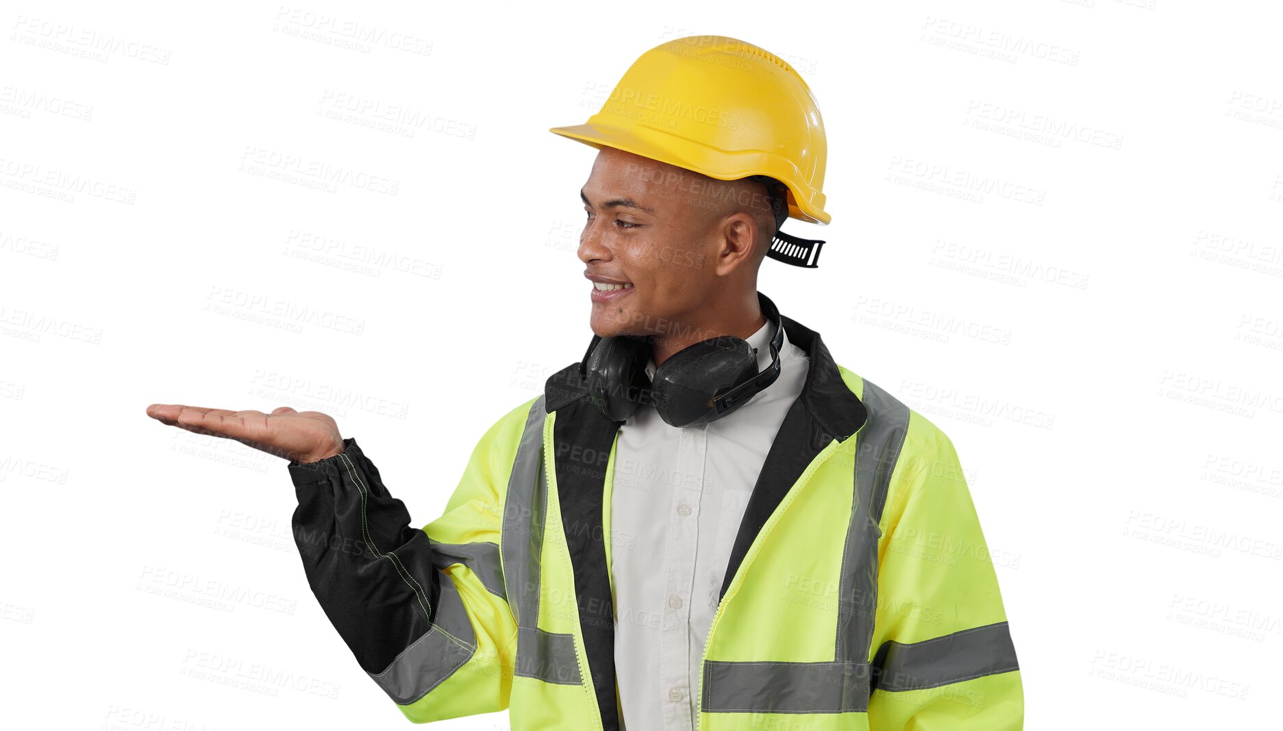 Buy stock photo Construction worker, smile and palm of man for advertising, promotion and isolated on transparent png background. Happy, hand and builder show safety announcement, presentation and choice of engineer