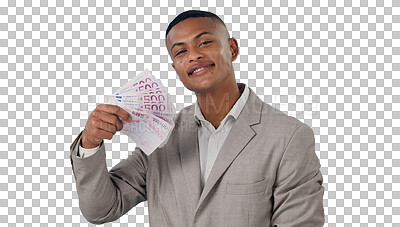 Buy stock photo Money fan, portrait and business man with poker reward on isolated, transparent or png background. Cash, face or male investor with lottery success, payment and startup profit growth or loan cashback