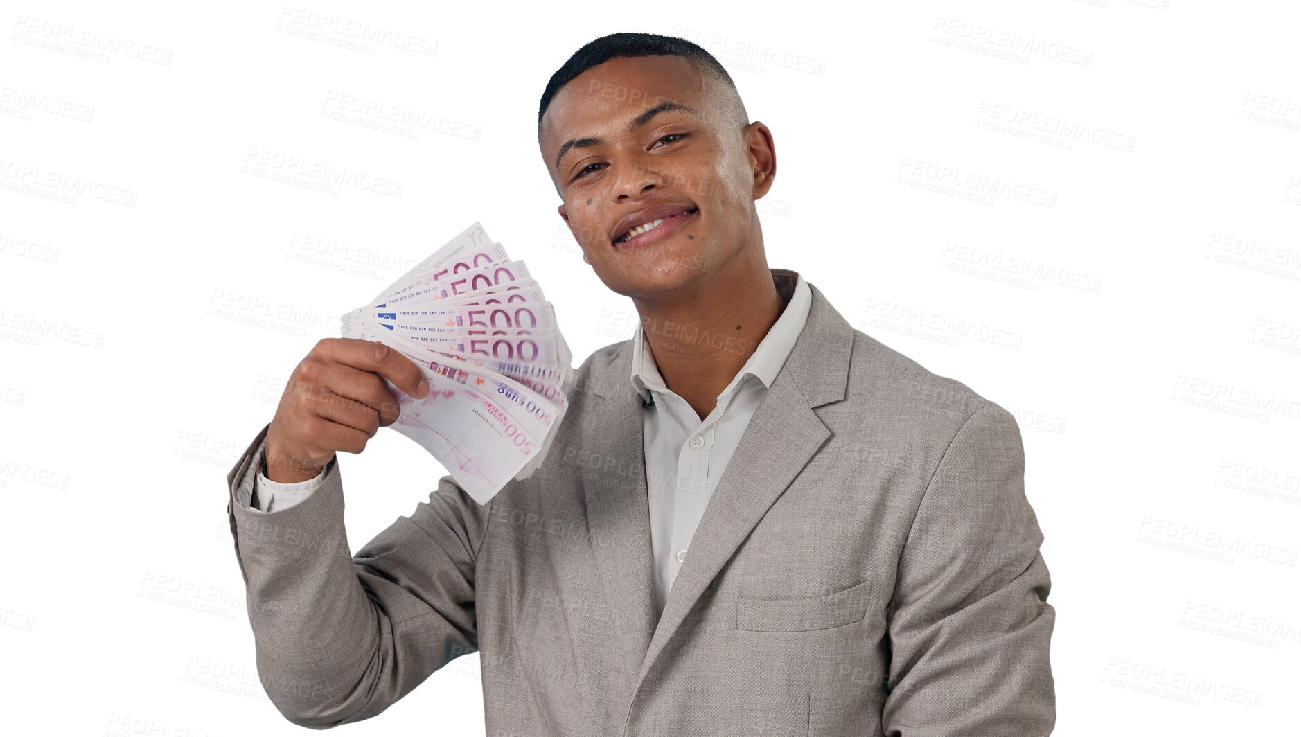 Buy stock photo Money fan, portrait and business man with poker reward on isolated, transparent or png background. Cash, face or male investor with lottery success, payment and startup profit growth or loan cashback