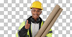 Engineering, man and thumbs up for architecture success, renovation and design planning with blueprint in studio. Portrait of construction worker or contractor with like emoji on a blue background