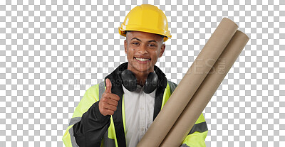 Buy stock photo Construction worker, architecture and man with thumbs up and blueprint in portrait on png transparent background. Happy with floor plan, success or support for feedback, maintenance and renovation