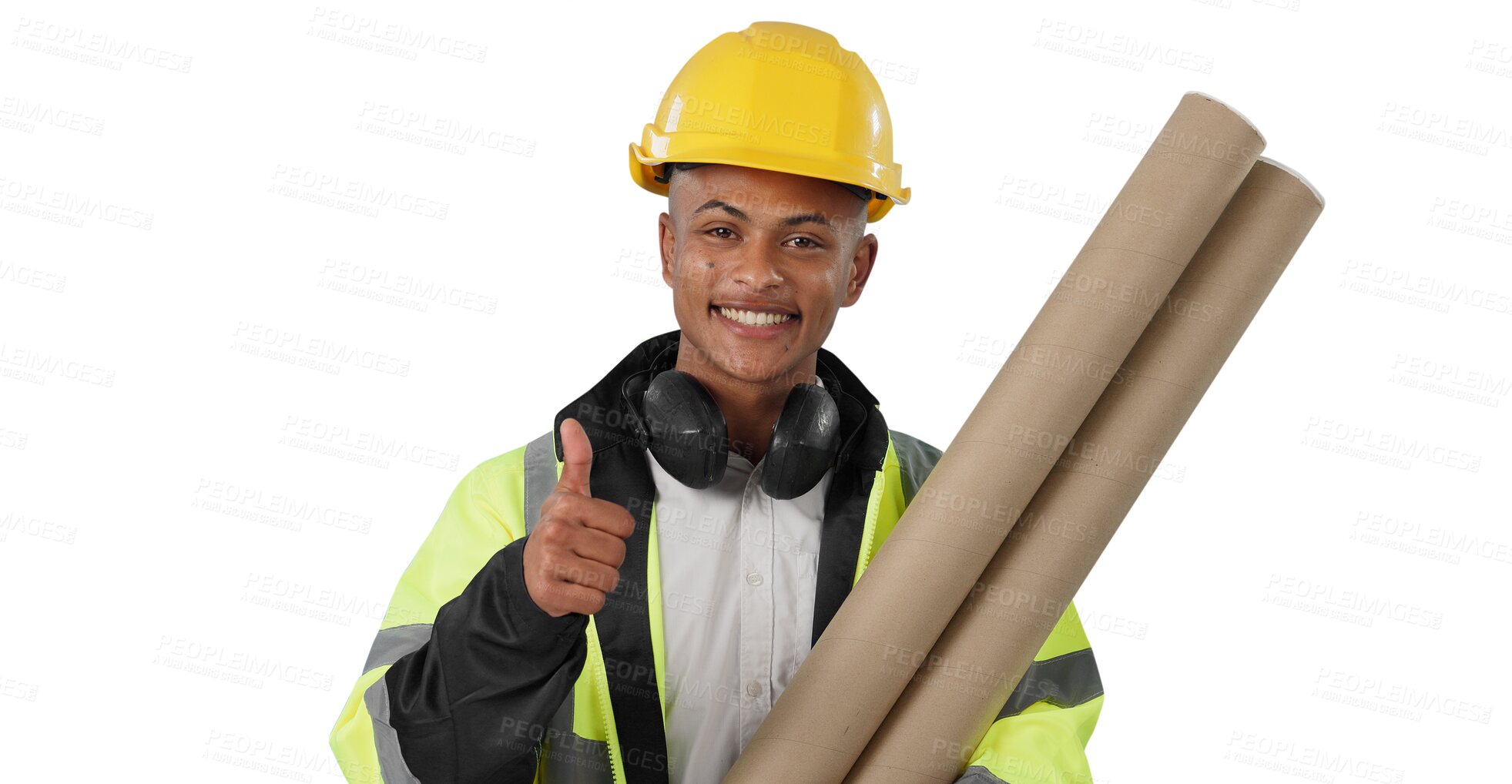 Buy stock photo Construction worker, architecture and man with thumbs up and blueprint in portrait on png transparent background. Happy with floor plan, success or support for feedback, maintenance and renovation