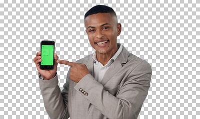 Buy stock photo Businessman, pointing and green screen phone for presentation or marketing on a png, isolated and transparent background. Portrait, smile and male person with a mockup mobile for advertisement