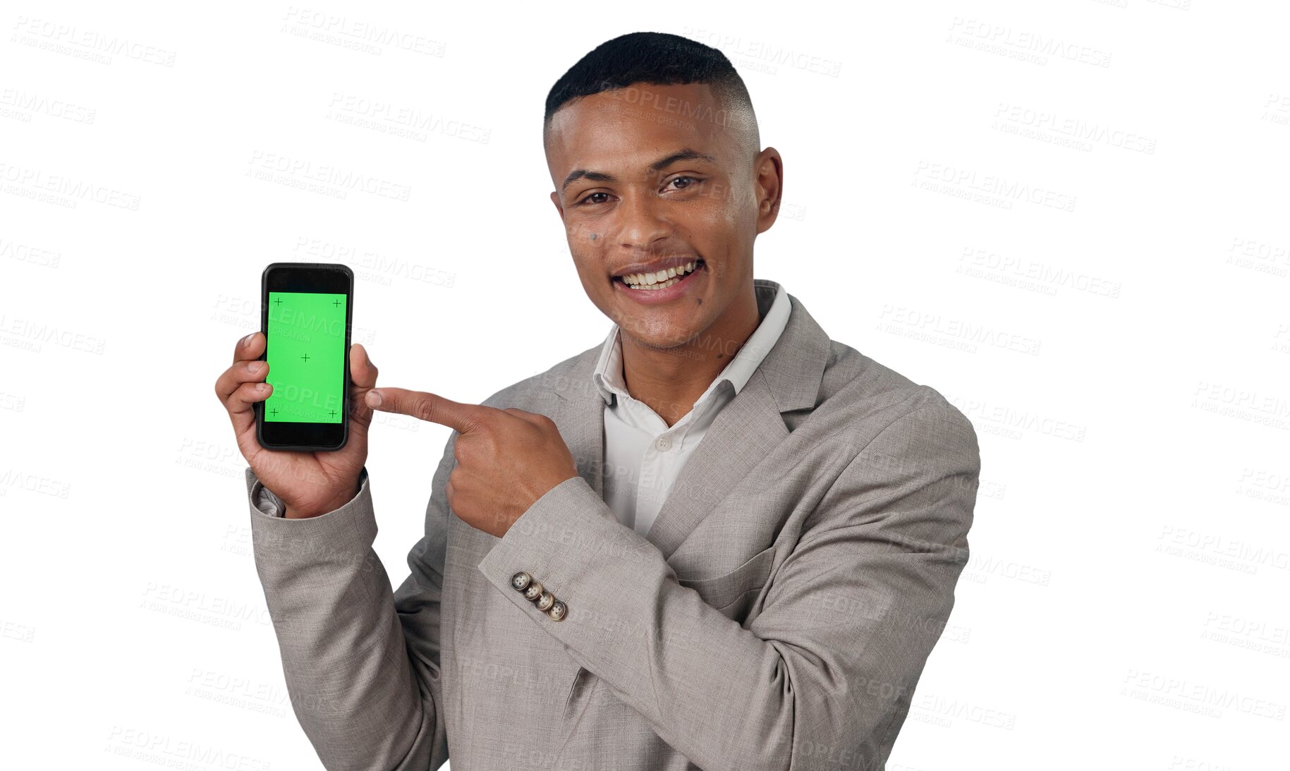 Buy stock photo Businessman, pointing and green screen phone for presentation or marketing on a png, isolated and transparent background. Portrait, smile and male person with a mockup mobile for advertisement