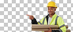 Man, construction worker and pointing with building plans, safety wear and architect on studio background. Professional, mockup space and industrial blueprint for engineering project, builder and job