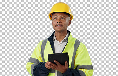 Buy stock photo Engineering, man and tablet for inspection, thinking and renovation for project management on png background. Construction worker, architecture and digital survey while transparent and isolated