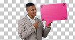 Business man, speech bubble and presentation of chat poster, social media quote or communication in studio. Young worker pointing to FAQ mockup, career forum and tracking markers on a blue background