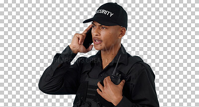 Buy stock photo Security guard, phone call and serious man with communication, police and law enforcement. Surveillance, talk and officer on mobile discussion with cellphone isolated by transparent png background.