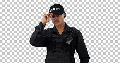 Buy stock photo Man, security guard and confidence in uniform for safety, protect and danger on isolated, transparent png background. Law enforcement, bodyguard and officer with walkie talkie for help and danger. 
