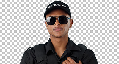Buy stock photo Man, security guard and surveillance or crime safety in danger prevention, investigation or inspection. Male person, uniform and sunglasses or isolated transparent png background, patrol or detective