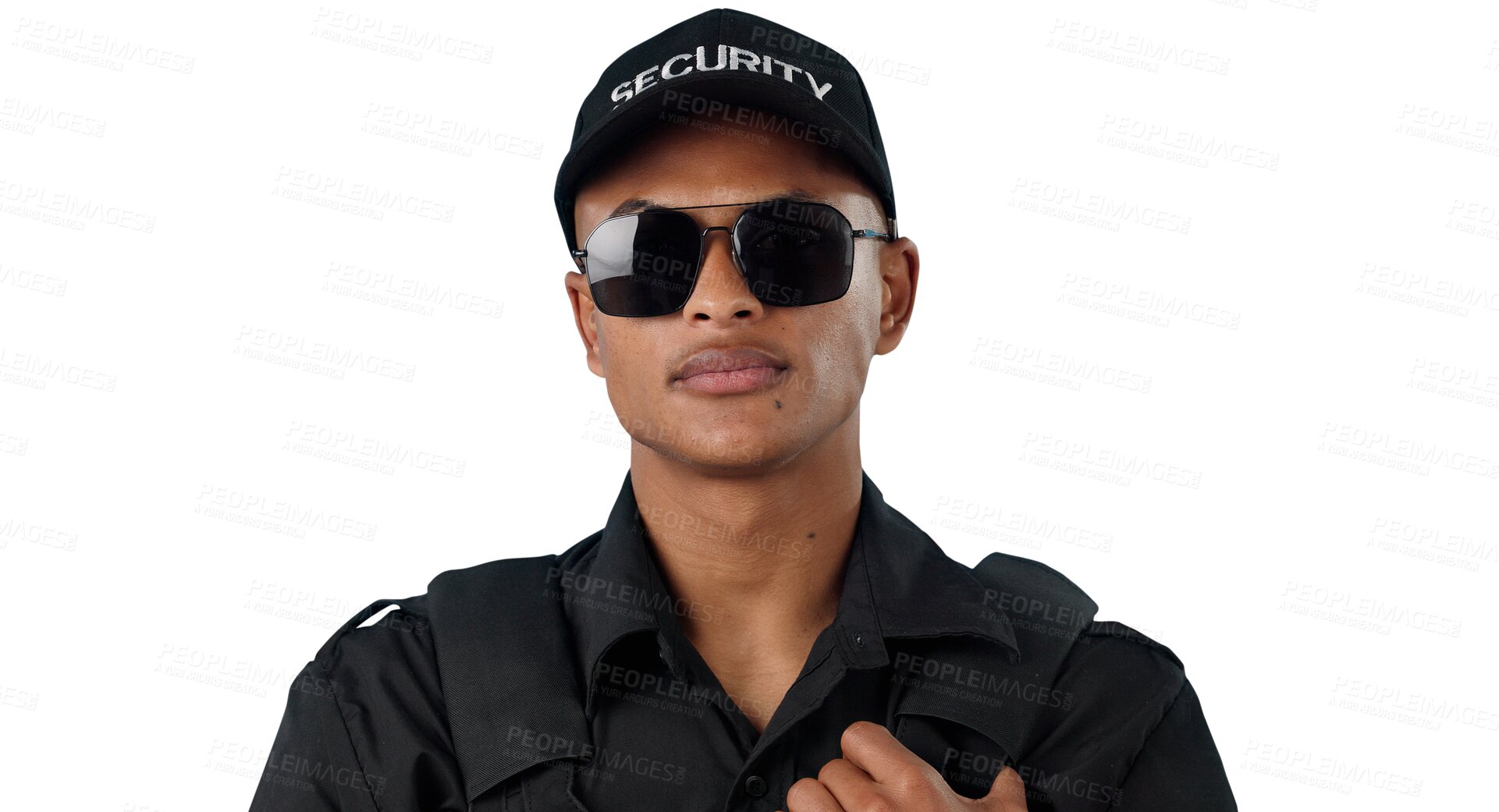 Buy stock photo Man, security guard and surveillance or crime safety in danger prevention, investigation or inspection. Male person, uniform and sunglasses or isolated transparent png background, patrol or detective