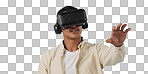 Man, student and virtual reality or glasses for 3d e learning, video and user experience on blue background. Person with VR vision, online education and metaverse technology for gaming in studio