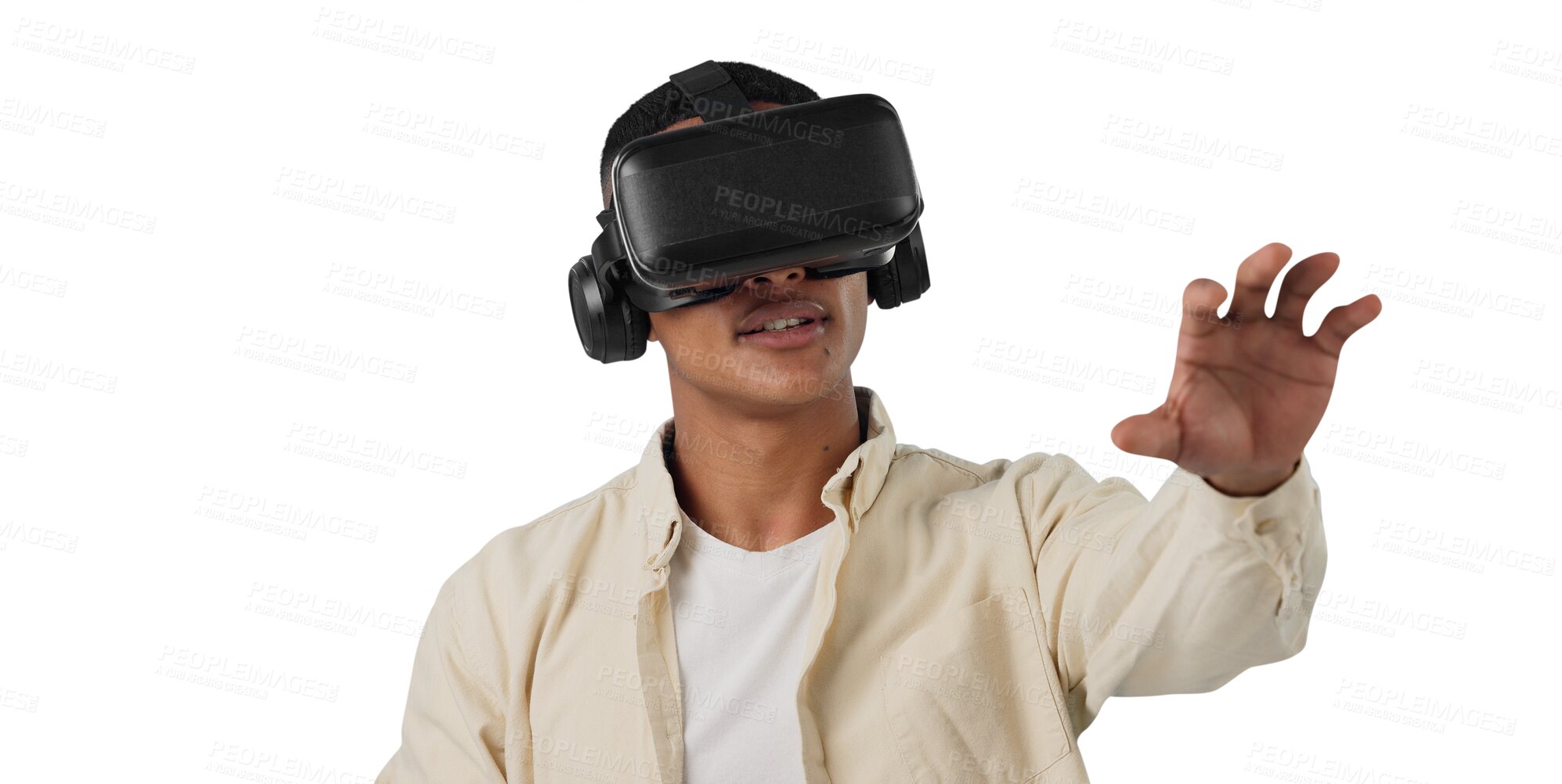 Buy stock photo Virtual reality, press or headset for man with future technology or happy to play on gaming app. Hologram, 3D and metaverse in digital world and high tech for isolated on transparent png background