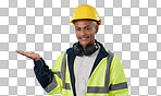 Happy, construction worker and portrait with hand advertising, promotion or mockup in blue background. Happy, face and builder show safety announcement, presentation or branding space in studio