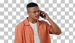 Man, confused and cellphone in studio for call connection, bad signal or communication. Male person, mobile and internet chat social media or conversation web talking, blue background as mockup space