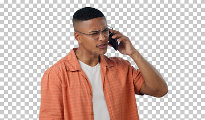 Buy stock photo Man, confused and phone call for communication, connection and doubt for news. Male person, question and internet for conversation and talking, networking and isolated on transparent png background