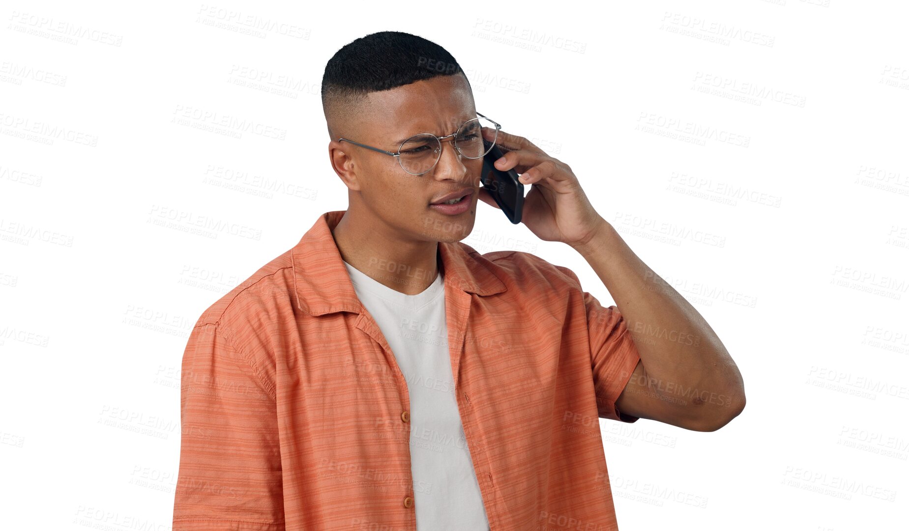 Buy stock photo Man, confused and phone call for communication, connection and doubt for news. Male person, question and internet for conversation and talking, networking and isolated on transparent png background