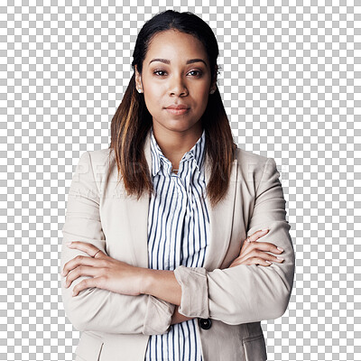 Buy stock photo Portrait, confident and business with woman, arms crossed and employee isolated on a transparent background. Face, person and PR consultant with startup and development with entrepreneur and png