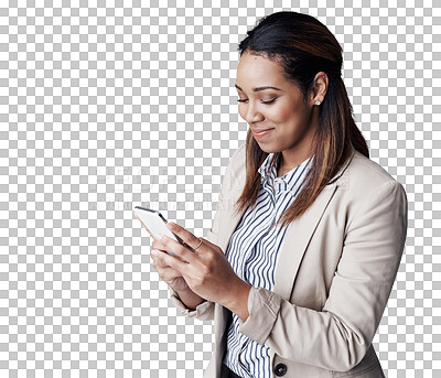 Buy stock photo Business woman, happy or smartphone with notification, text or social media for online networking. IT consultant, positive and smile on mobile app for email and isolated on transparent png background