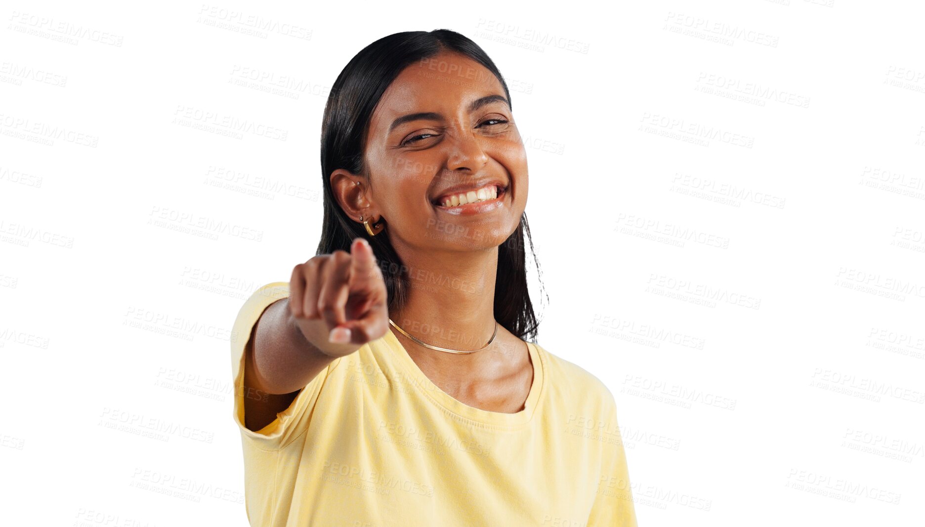 Buy stock photo Portrait, woman and pointing finger for choice, hey you and excited with big smile and happiness. Indian female person to show, decision and invitation while isolated on transparent png background