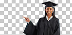 Graduate, studio portrait or happy woman point at school registration, university ads or college information, choice or academy. Mockup space, education and graduation notification on blue background