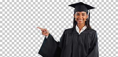 Buy stock photo Woman, graduate and portrait or pointing for education recommendation for information, registration or choice. Female person, university and isolated transparent png background, college or school