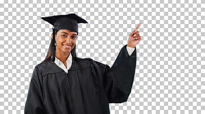 Buy stock photo Woman, graduate and portrait or pointing for university recommendation for information, registration or choice. Female person, hand gesture and isolated transparent png background, college or school