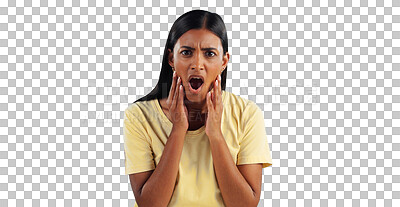 Buy stock photo Gossip, woman and confused in portrait, surprise and secret or isolated on transparent png background. Indian female person, emoji and shock for omg announcement, information and drama or overwhelmed