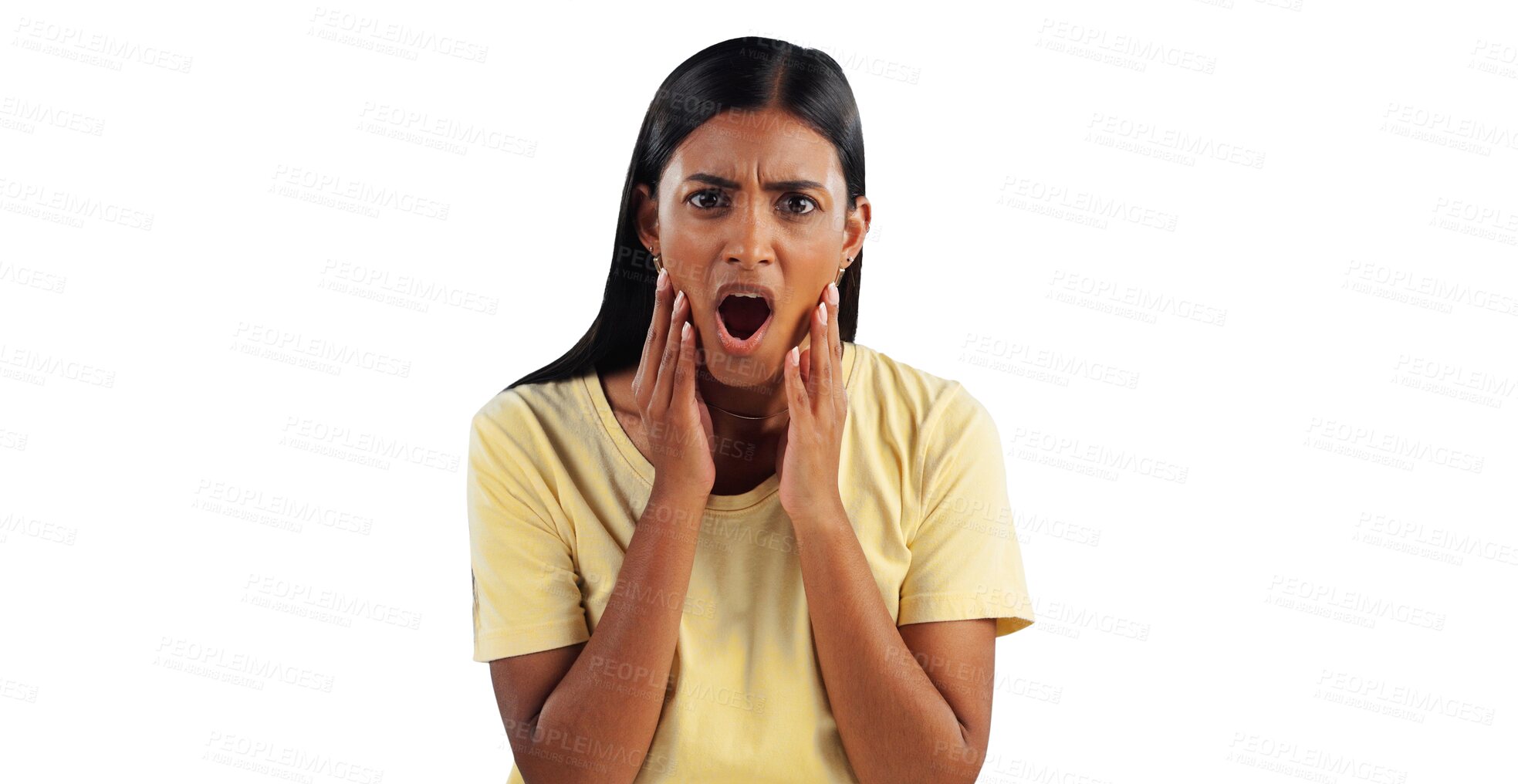 Buy stock photo Gossip, woman and confused in portrait, surprise and secret or isolated on transparent png background. Indian female person, emoji and shock for omg announcement, information and drama or overwhelmed